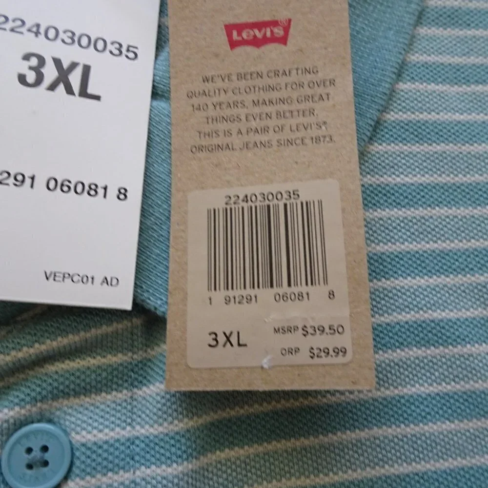 Levi's Polo Shirt Big Men's Size 3XL Green Stripe Cotton Short Sleeve